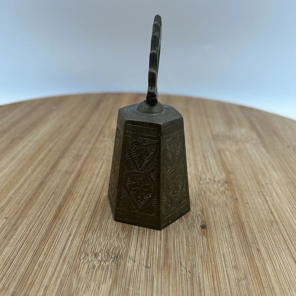 Vintage TINY SOLID BRASS HAND BELL Hand‎ Etched 4.5